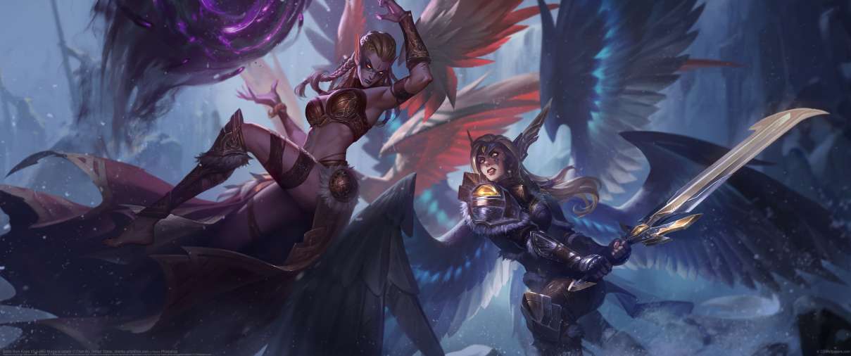 Battle Born Kayle VS Exiled Morgana splash ultrawide achtergrond