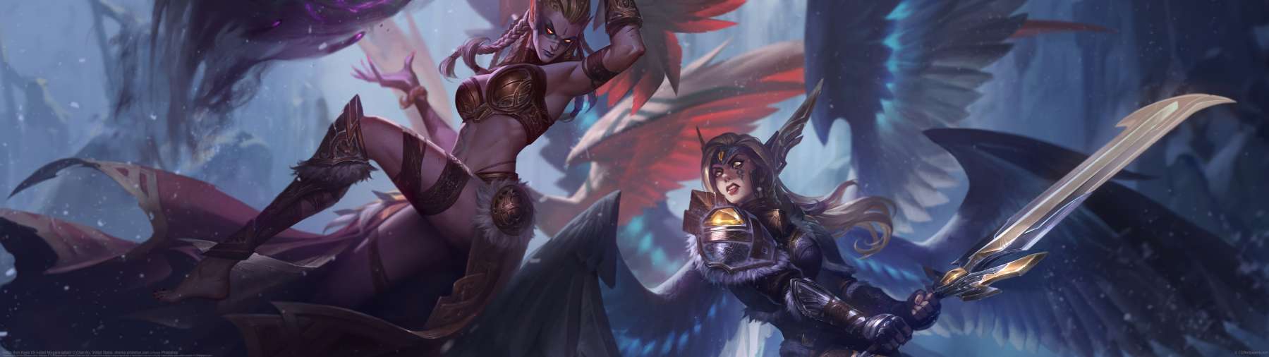Battle Born Kayle VS Exiled Morgana splash ultrawide achtergrond