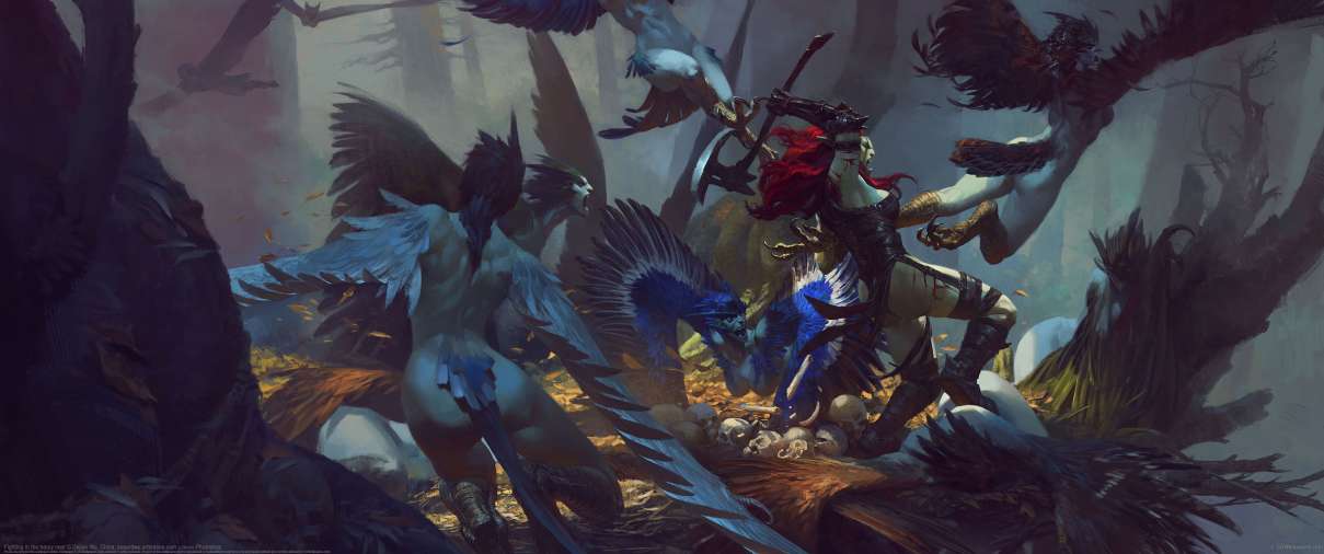 Fighting in the harpy nest  ultrawide achtergrond