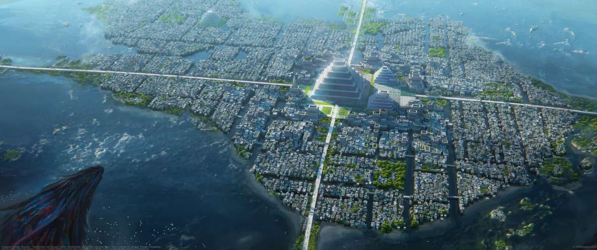 Dragons conquer America - Tenochtitlan city ultrawide achtergrond
