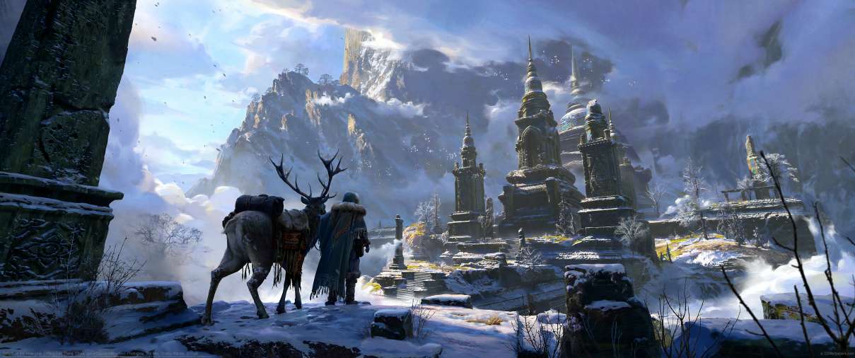 Temple on the snow peak ultrawide achtergrond