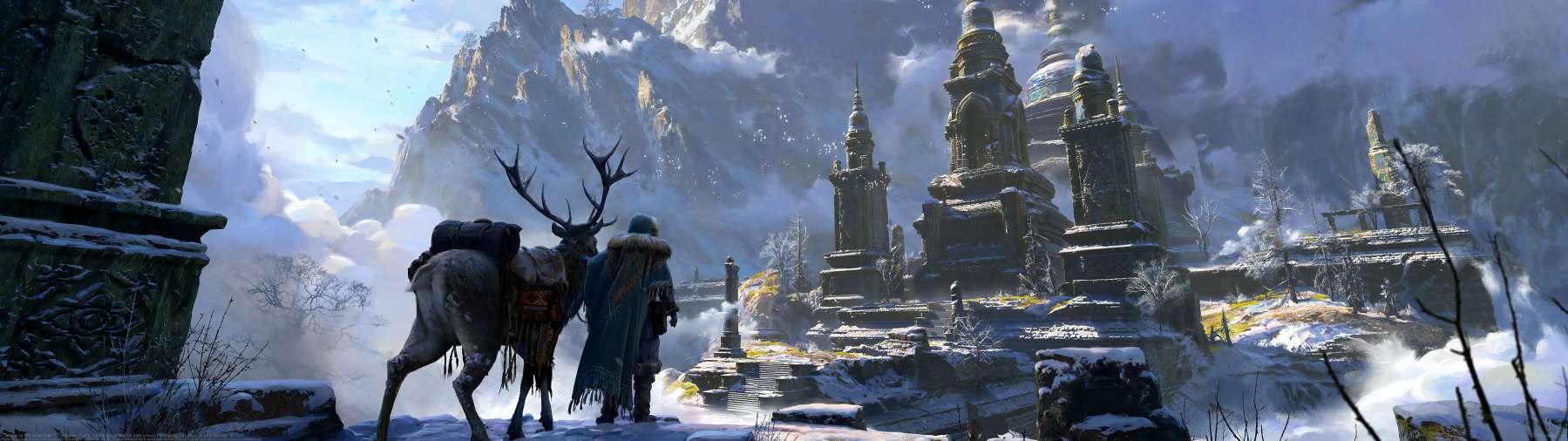 Temple on the snow peak ultrawide achtergrond