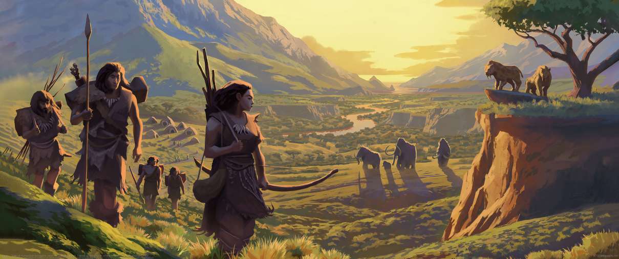 Catan - Dawn of Humankind (bordgame cover) ultrawide achtergrond