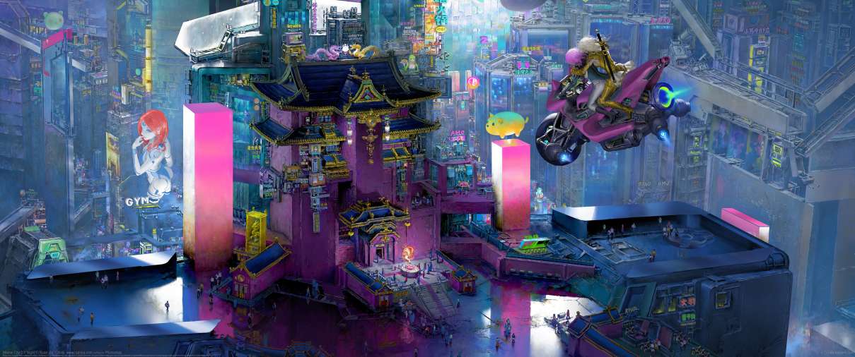 Miaow City 2.0 Night ultrawide achtergrond