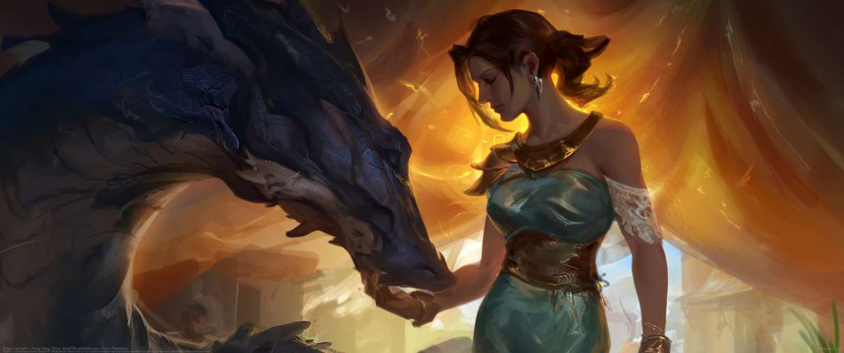 Dragon and girl ultrawide achtergrond