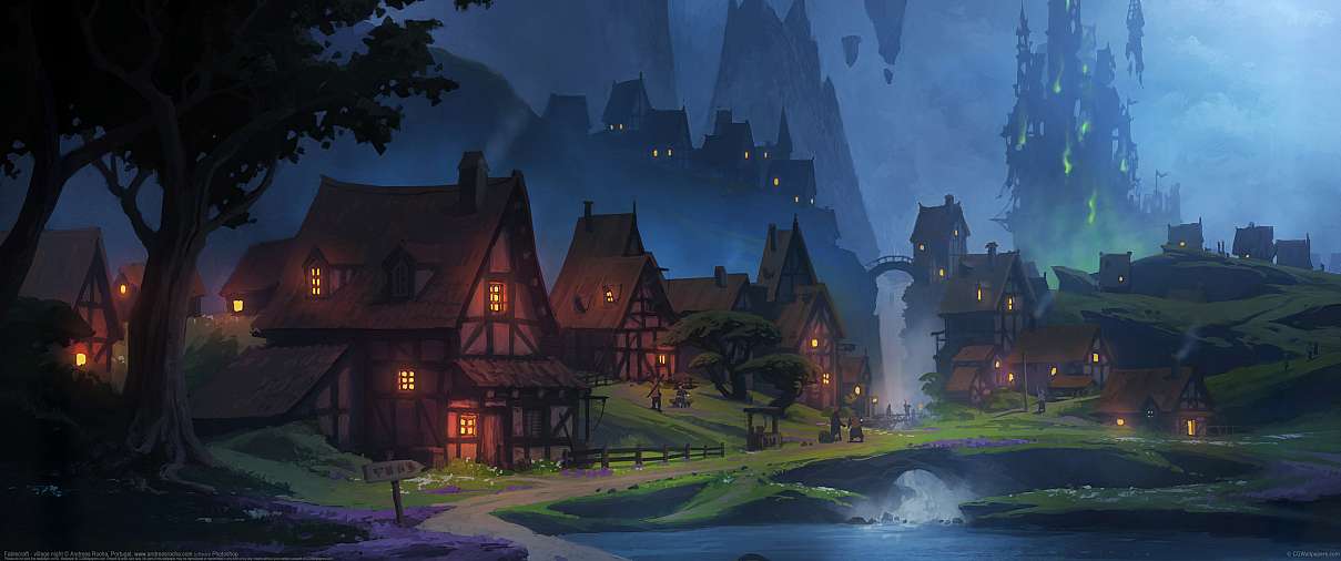 Fablecraft - village night ultrawide achtergrond