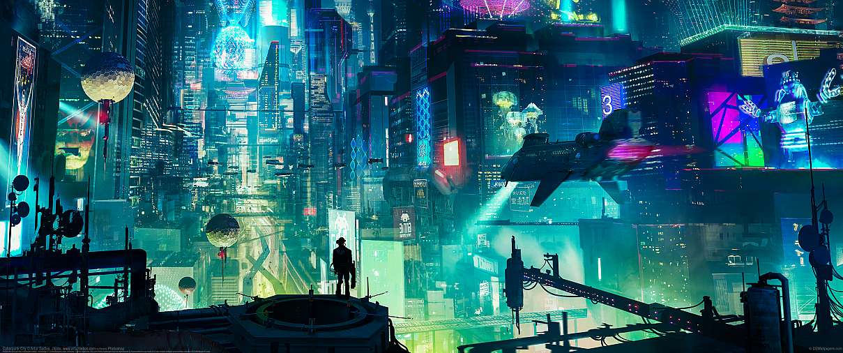 Cyberpunk City ultrawide achtergrond